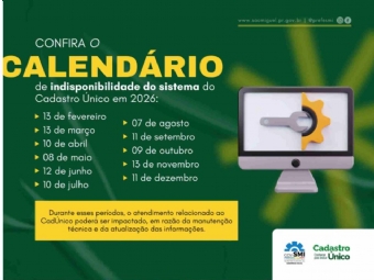 Governo Municipal divulga calendário de indisponibilidade do sistema do Cadastro Único em 2026